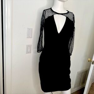 NWT Sexy Black Dot Mesh Sleeve Dress with Deep V